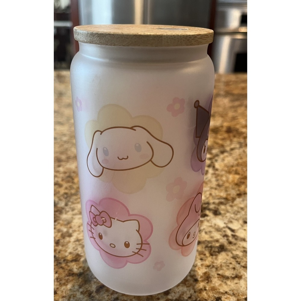 Sanrio Kuromi Glass Tumbler With Bamboo Lid And Straw Opening Frosted Glass